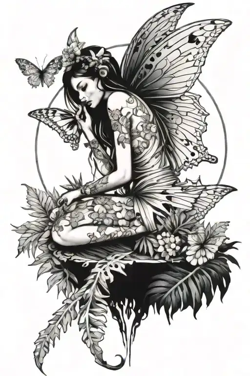 A whimsical fairy sitting on a monstera leaf, with ferns, coneflowers,butterflies, and the moon in the woodsy background tattoo design idea