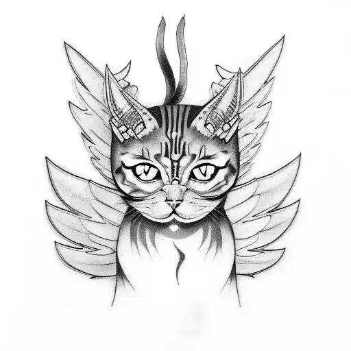demon cat with wings and red eye  tattoo design idea