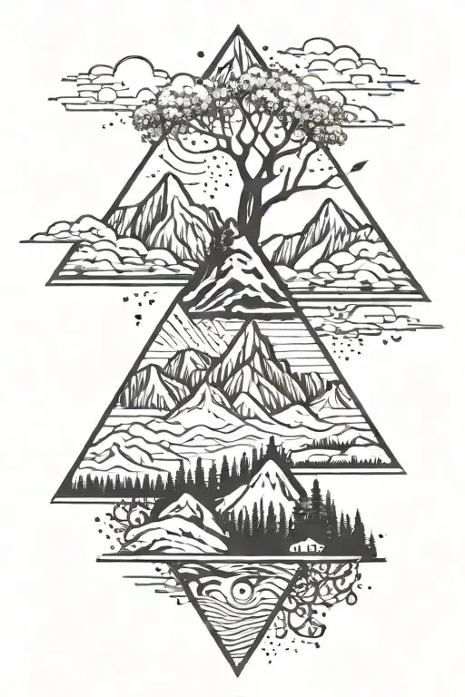 triangle shape with mountain range landscape and tree at the base of the mountains  tattoo design idea