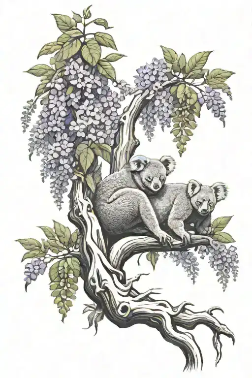 wisteria tree with roots, koala eating leaf symbolism for peace and tranquility tattoo design idea