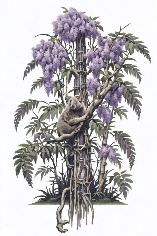 huge purple wisteria tree with thick trunk and thick roots With bamboo around it and a koala on the bamboo tattoo design idea
