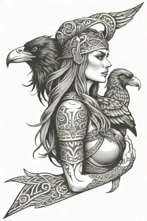 sexy Viking woman, ravens, Viking symbols tattoo design idea