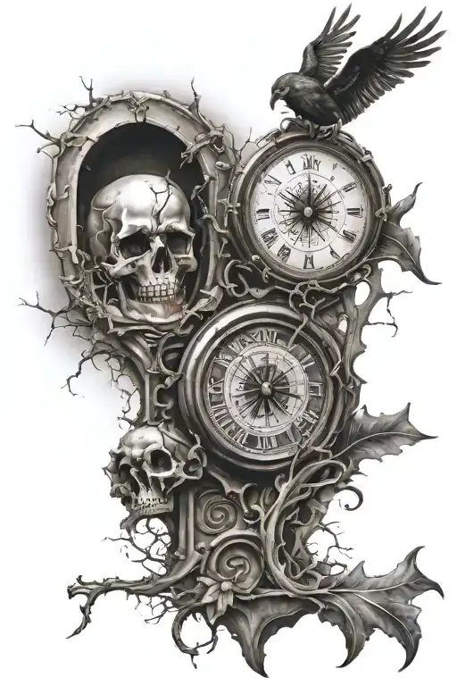 death in the cemetery with clock broken, compass  tattoo design idea