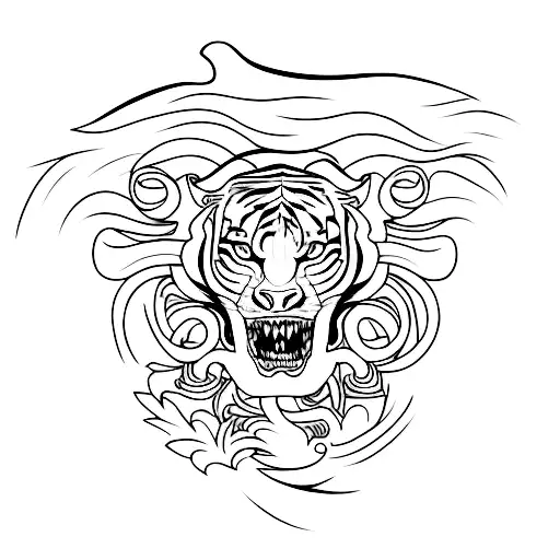 A minimalist tattoo of a skull with a tiger's head emerging from it, symbolizing the combination of life and death, strength and mortality. tattoo design idea