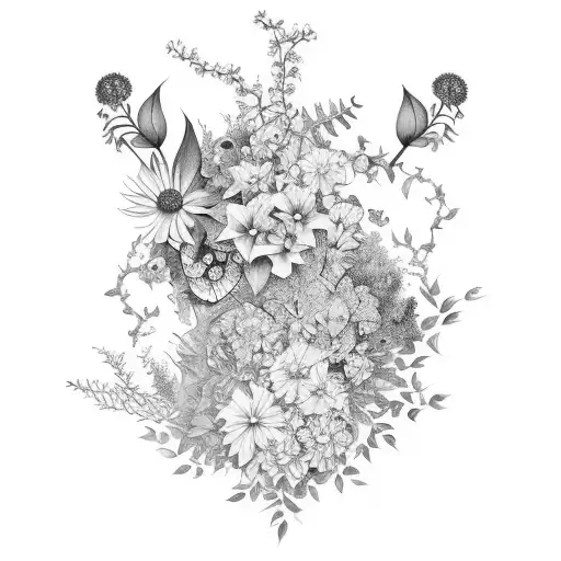 An intricate botanical garden filled with vibrant flowers and lush greenery tattoo design idea