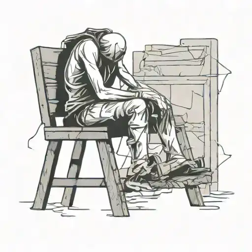 A melancholic figure sitting on a broken chair symbolizing depression tattoo design idea