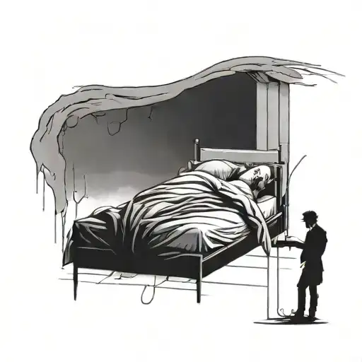 A minimalist black and grey tattoo of a person lying in bed with a shadowy figure of depression looming overhead, capturing the feeling of being trapped by negative thoughts tattoo design idea
