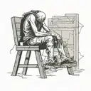 A melancholic figure sitting on a broken chair symbolizing depression tattoo design idea