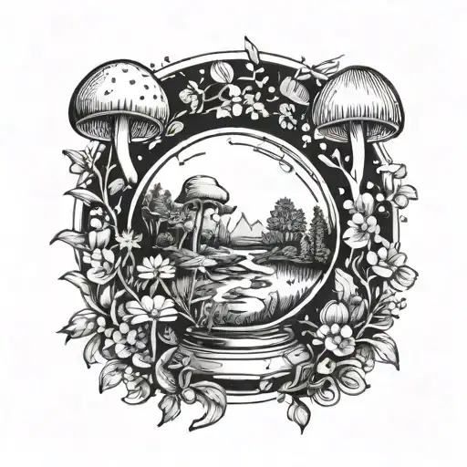 A mystical crystal ball surrounded by wildflowers and mushrooms tattoo design idea