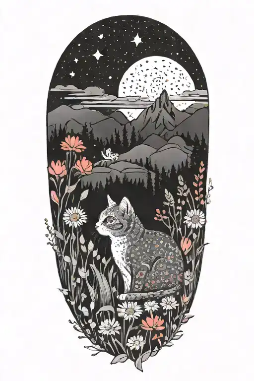 A cat exploring a field of colorful flowers under a starry sky tattoo design idea