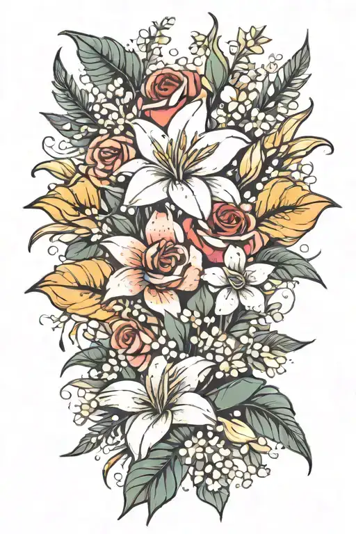 floral bouquet with a strelitzia, a rose, a daisy, and lily of the valley tattoo design idea