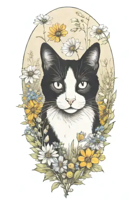 A black and white cat exploring a field of colorful wildflowers tattoo design idea