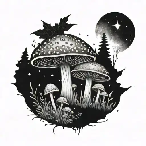 A cosmic mushroom garden with crystal clusters and wildflowers intertwined, surrounded by celestial bodies and galaxies tattoo design idea
