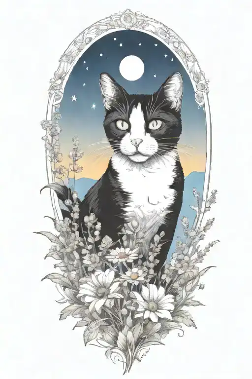 A black and white cat exploring a field of colorful wildflowers under a starry sky (remove frame) tattoo design idea