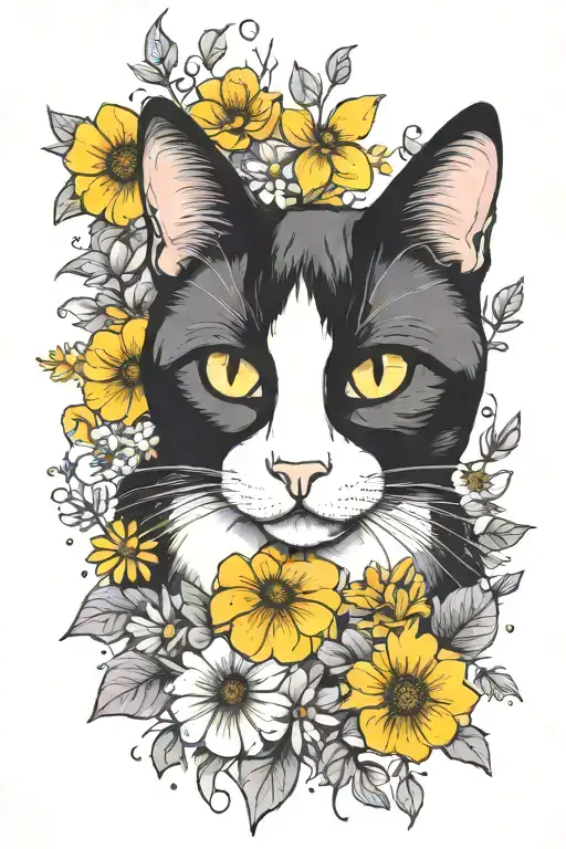 A whimsical tuxedo cat surrounded by wildflowers tattoo design idea
