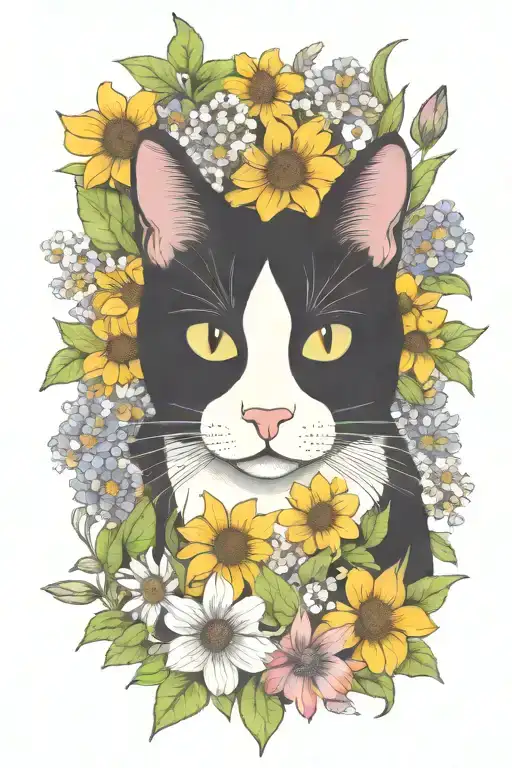 A whimsical black and white cat exploring a field of wildflowers tattoo design idea