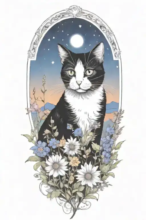 A black and white cat exploring a field of colorful wildflowers under a starry night sky  tattoo design idea