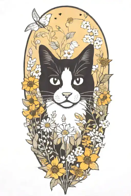 A black and white cat surrounded by a field of wildflowers tattoo design idea