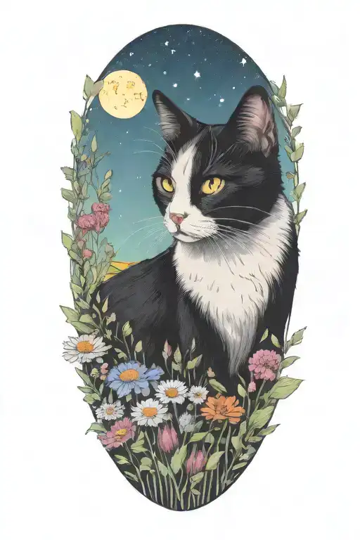 A black and white cat exploring a field of colorful wildflowers under a starry sky tattoo design idea
