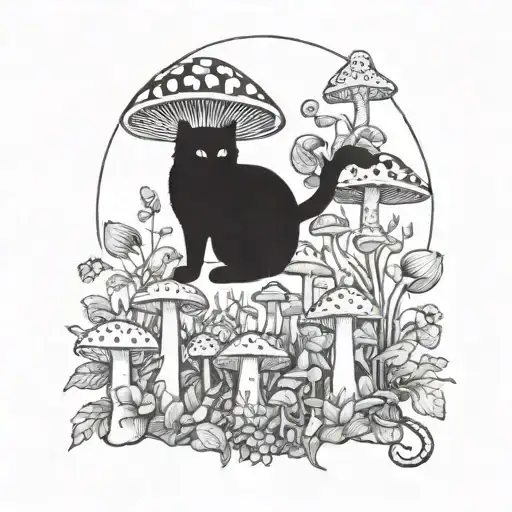 Cat exploring a mystical mushroom garden tattoo design idea