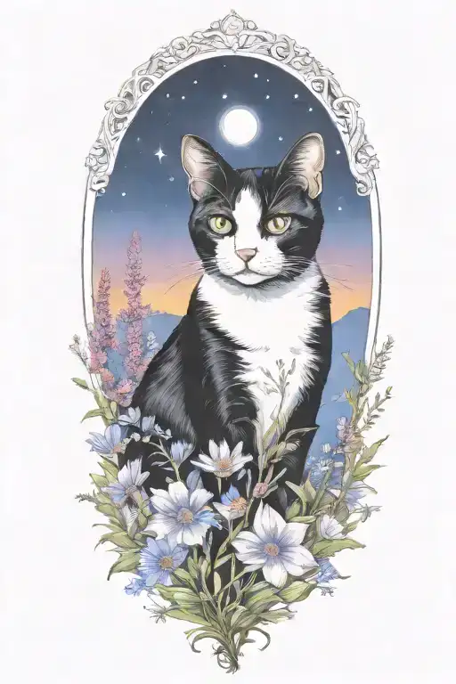 A tuxedo cat exploring a field of colorful wildflowers under a starry sky (remove frame) tattoo design idea
