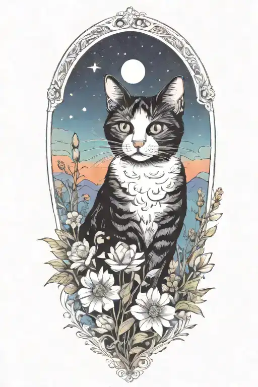 A black and white cat exploring a field of colorful flowers under a starry sky tattoo design idea