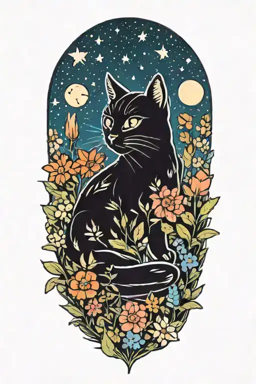 A cat exploring a field of colorful flowers under a starry sky tattoo design idea