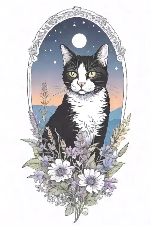 A black and white cat exploring a field of colorful wildflowers under a starry sky  tattoo design idea