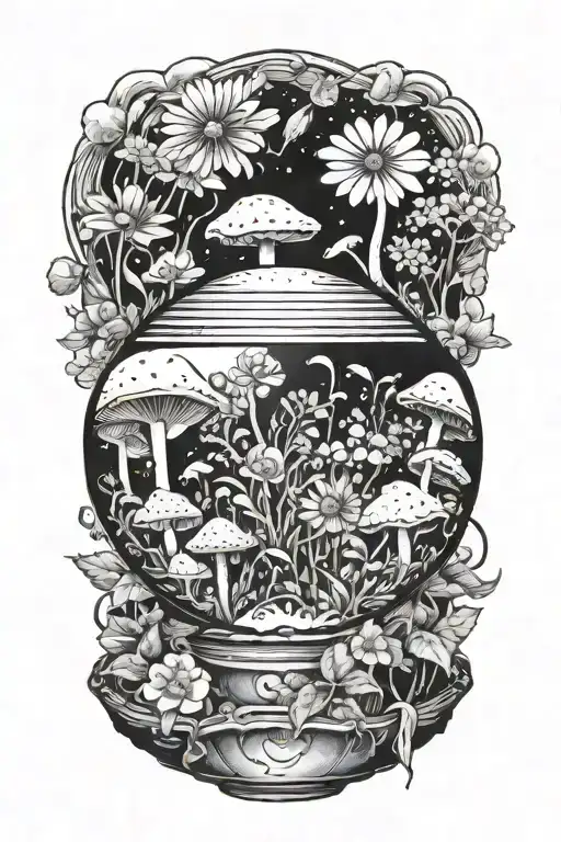 A mystical crystal ball surrounded by wildflowers and mushrooms tattoo design idea