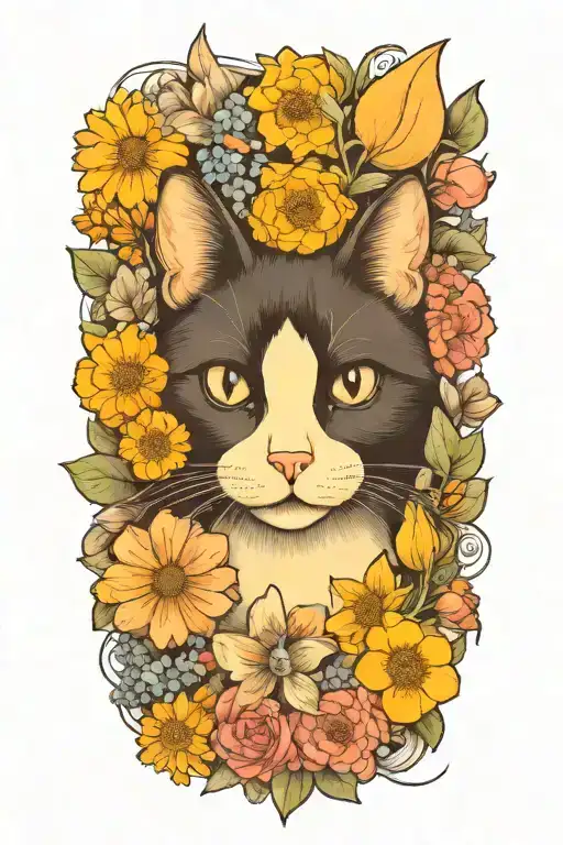 A whimsical tuxedo cat surrounded by wildflowers tattoo design idea