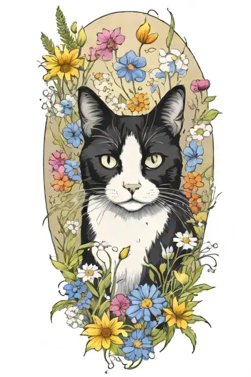 A black and white cat exploring a field of wildflowers tattoo design idea