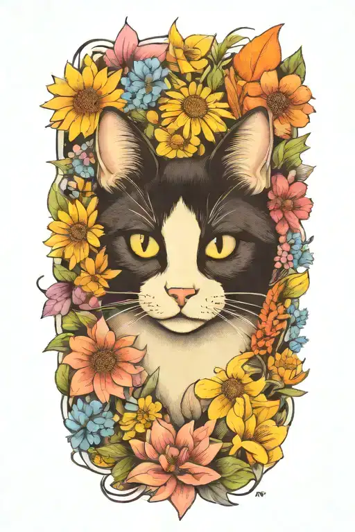 A tuxedo cat surrounded by wildflowers tattoo design idea
