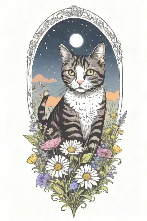 A cat exploring a field of colorful flowers under a starry sky tattoo design idea