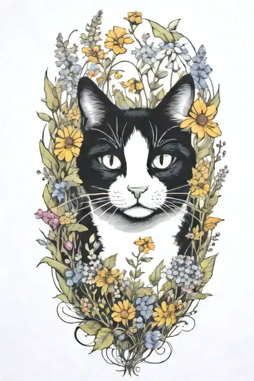 A black and white cat exploring a field of wildflowers tattoo design idea