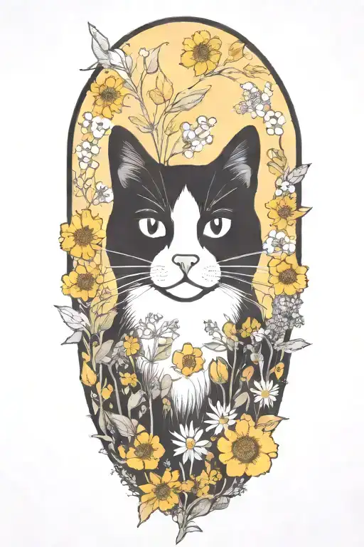 A whimsical black and white cat exploring a field of wildflowers tattoo design idea