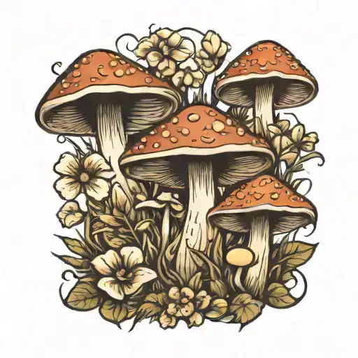 mushrooms, flowers tattoo design idea