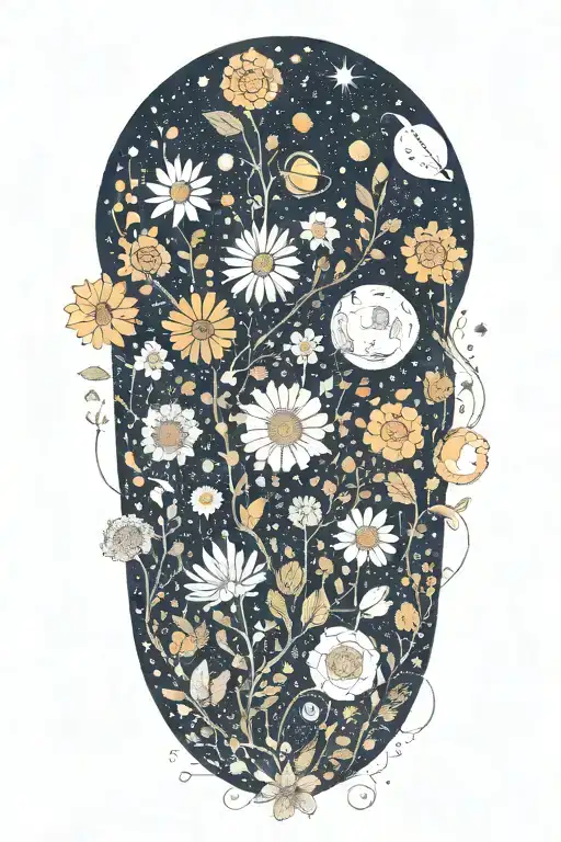 wildflowers intertwined with outer space - planets, sun, moon, stars tattoo design idea