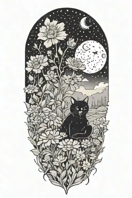 A cat exploring a field of colorful flowers under a starry sky tattoo design idea