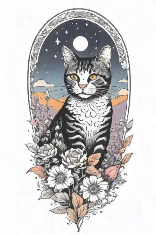 A cat exploring a field of colorful flowers under a starry sky tattoo design idea