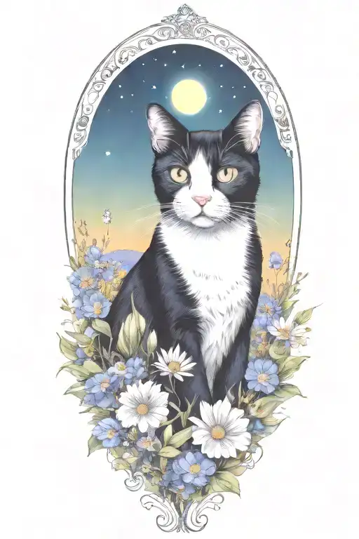 A tuxedo cat exploring a field of colorful flowers under a starry sky (remove frame) tattoo design idea