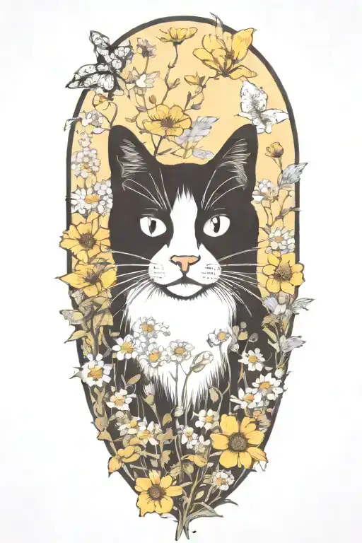 A black and white cat exploring a field of wildflowers tattoo design idea