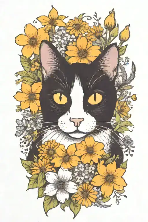 A black and white cat exploring a field of wildflowers tattoo design idea