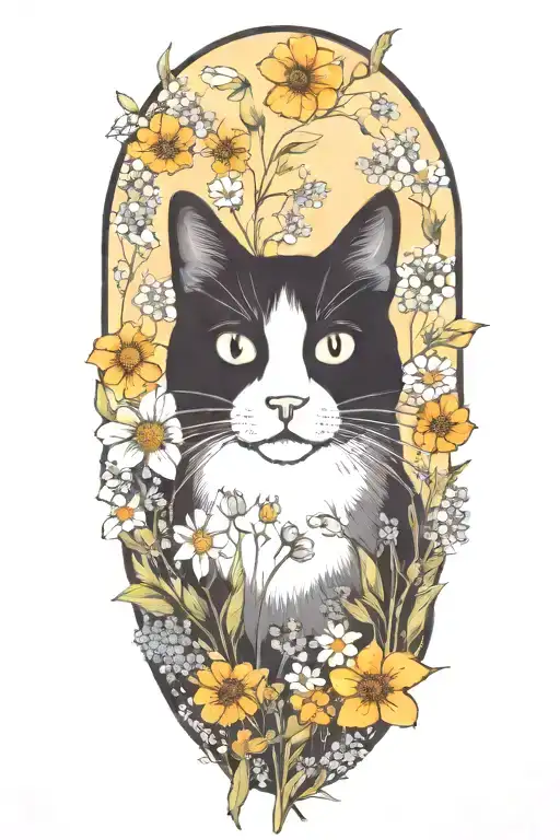 A black and white cat surrounded by wildflowers tattoo design idea