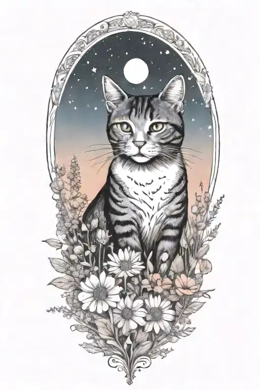 A cat exploring a field of colorful flowers under a starry sky tattoo design idea