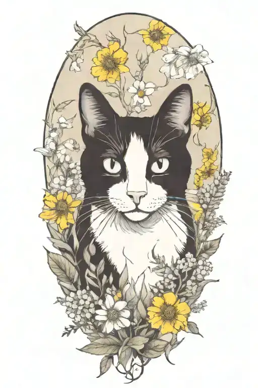 A black and white cat exploring a field of wildflowers tattoo design idea