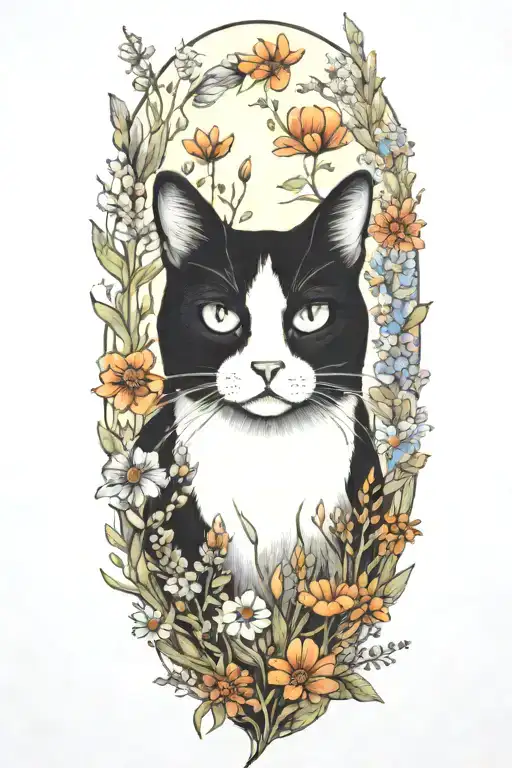 A whimsical black and white cat exploring a field of wildflowers tattoo design idea