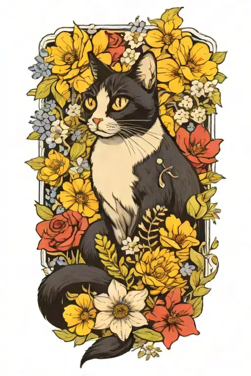A tuxedo cat surrounded by wildflowers tattoo design idea