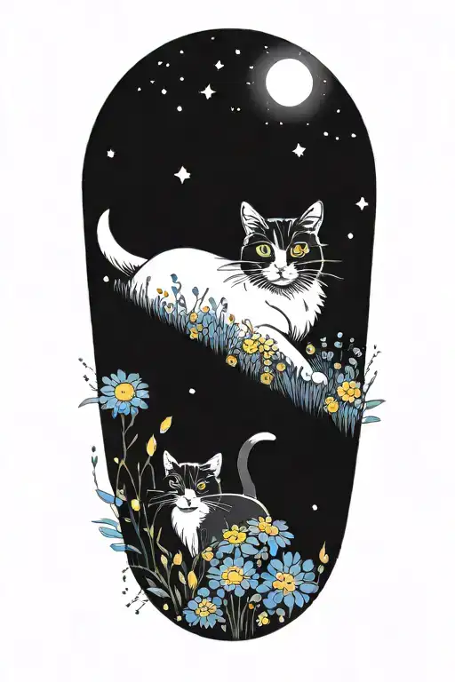 A black and white cat exploring a field of colorful flowers under a starry sky tattoo design idea