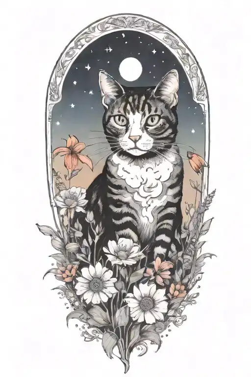 A cat exploring a field of colorful flowers under a starry sky tattoo design idea