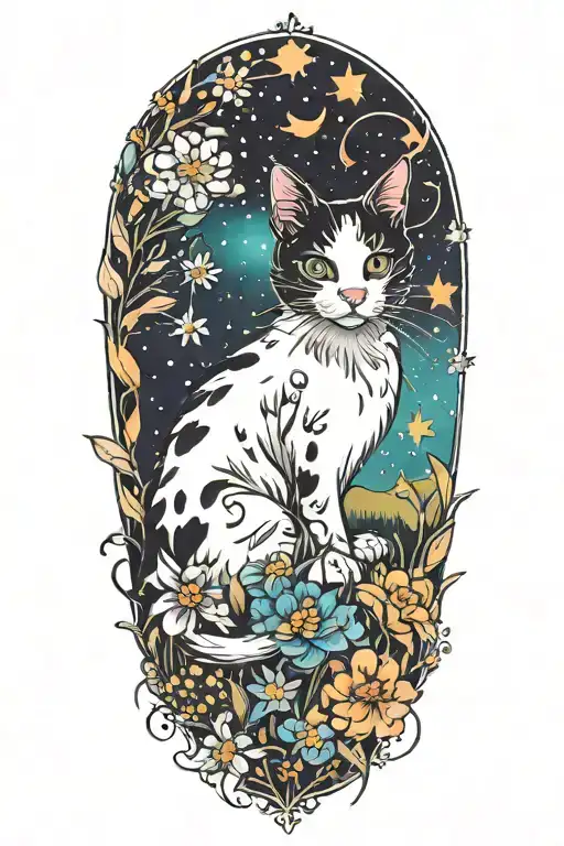A black and white cat exploring a field of colorful flowers under a starry sky tattoo design idea